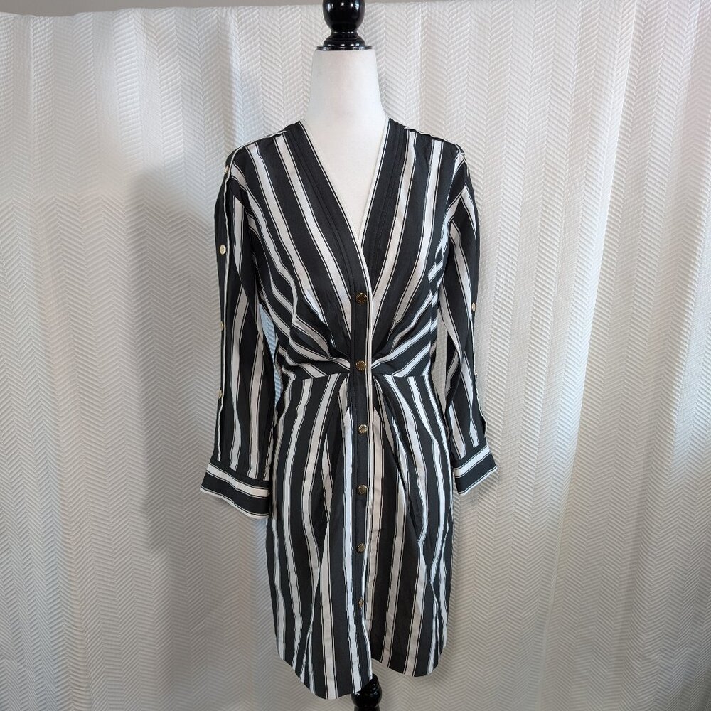 Sandro Paris Camelia Black & White Striped Shirt Dress Gold Snap Buttons Size 4